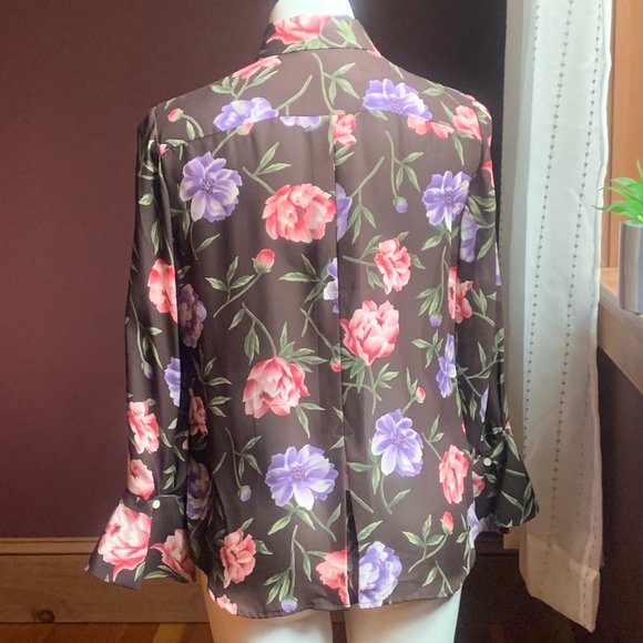 JONES NEW YORK Silk Button Up Floral Sheer Blouse M - Picture 2 of 9
